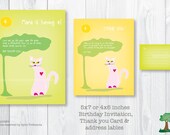 Custom Printable.  Birthday Party Invitation set -  pink cat. Birthday Invitation. Thank you card. Labels. Party - Best price