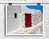 Greece Architecture Photography. Travel Urban Photographic Images. Red White Fine art photograph prints - 8 x 10. Wall Art. Home Decor.