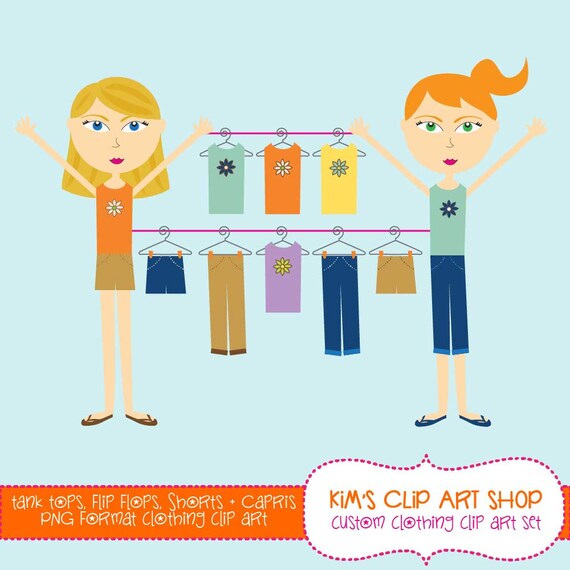 Girl Clip Art Clothing Set Tank tops, flip flops, capris and flowers - custom clip art clothing, clipart clothing, custom character clothing Il_570xn