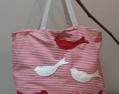 Striped Handbag with red and white felt Birds by Mirtill Handmade Eco Friendly Upcycled Recycled