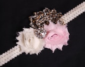 Leopard Light Pink Ivory Cream Shabby Flower Skinny Lace Headband Baby Toddler Girl