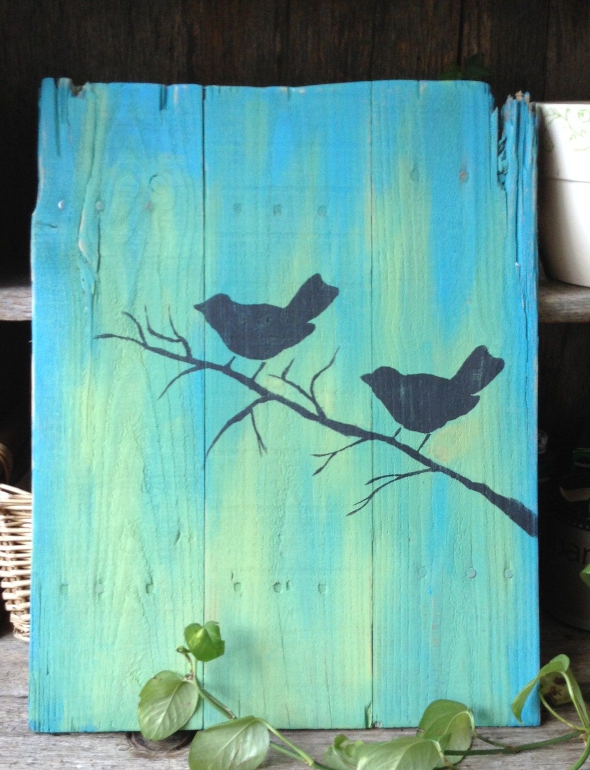 Love Birds Pallet Art Handpainted Birds Primative Wooden Signs Distressed Green and Blue