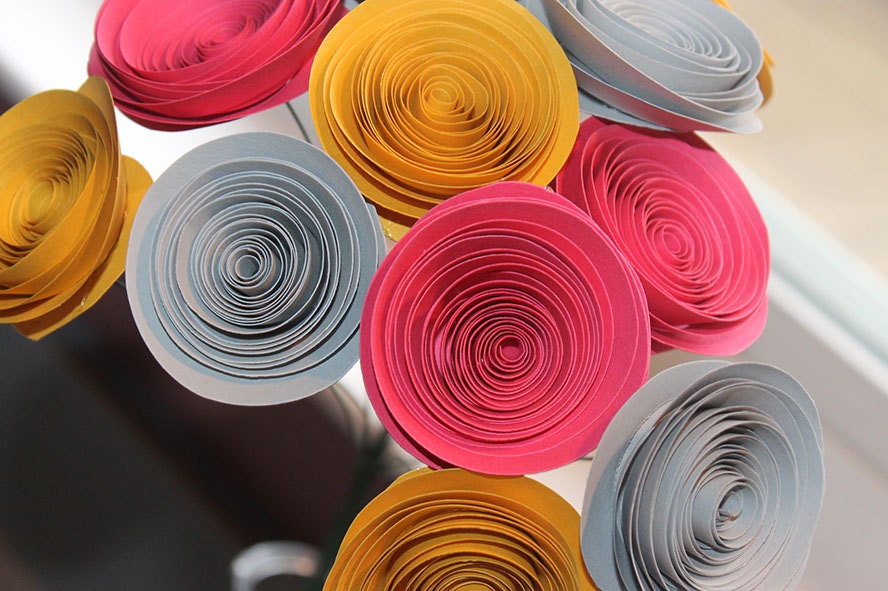 Set of 12 Pink Yellow and Grey Spiral Wedding Rose Flowers -  Bouquet  - Centerpiece  - Baby Shower - Home Decor - Gift - Party -
