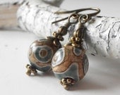 Agate Dangle Earrings Beaded Jewelry Green and Tan Semi Precious Gemstone Bead Earrings Antiqued Metal Rustic Jewelry Earthtone Handmade