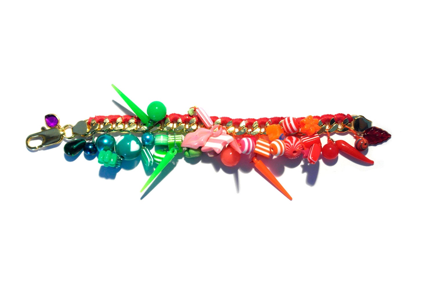 18k Gold Plated Charm Bracelet "Spiky Watermelon", woven with red cotton thread