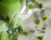 Attractive Long Summer Necklace Silver Fresh Blue Green Necklace, Wire Wrapped Delight Jewelry, Semiprecious Stones and Silver Wire Necklace