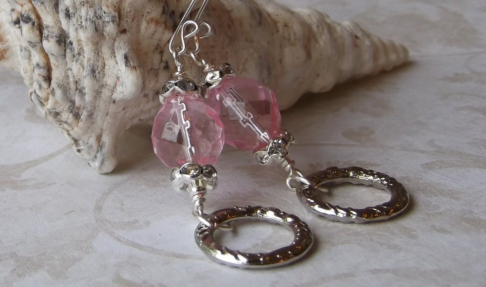 Pink & silver dangle earrings with crystal accents Sparkling pink earrings Cottage chic jewelry Simple beaded jewelry Women's gift jewelry