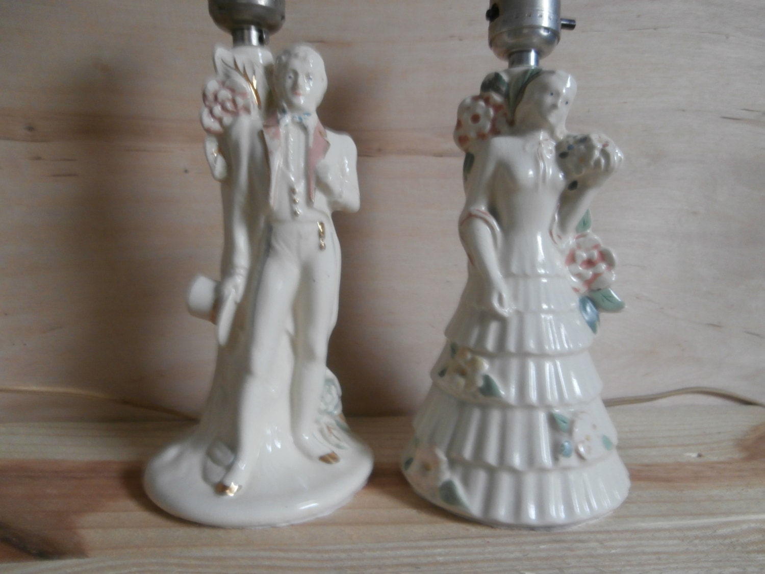 Antique Table Lamp Pair Set Rare Hand Painted Porcelain Cottage Shabby Vintage Chic, Superb Condition