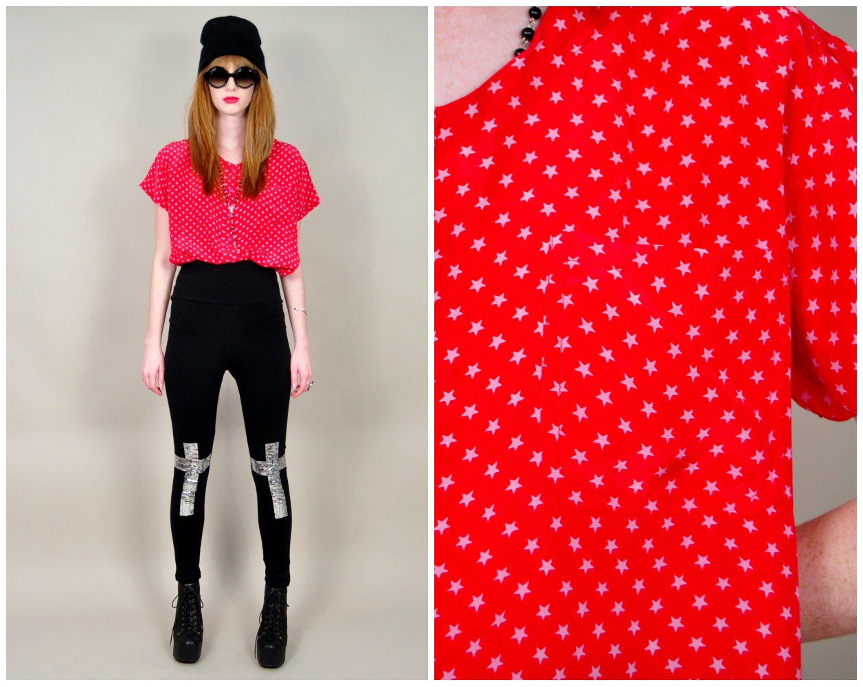 VINTAGE 80s red silk stars print americana patriotic draped oversized fit grunge indie blouse top