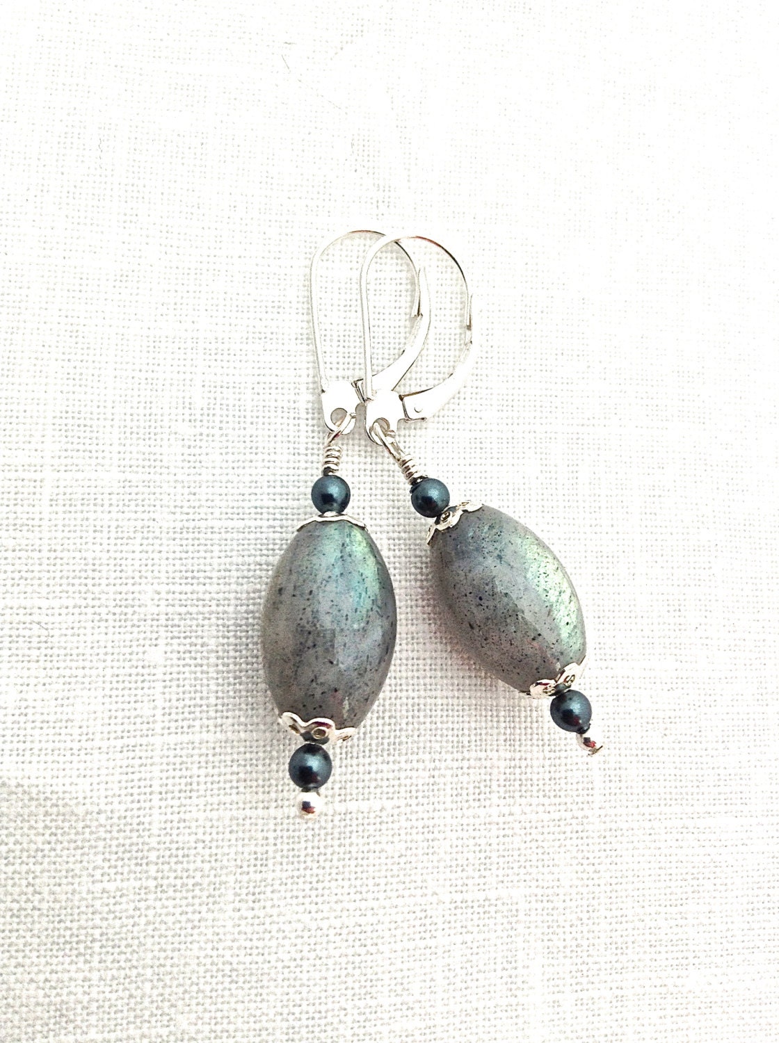 Labradorite Earrings, Moonstone Earring, Blue Green Jewelry, Gemstone Earring, Large, Teal Pearl, Wire Wrapped, Sterling Silver Leverback