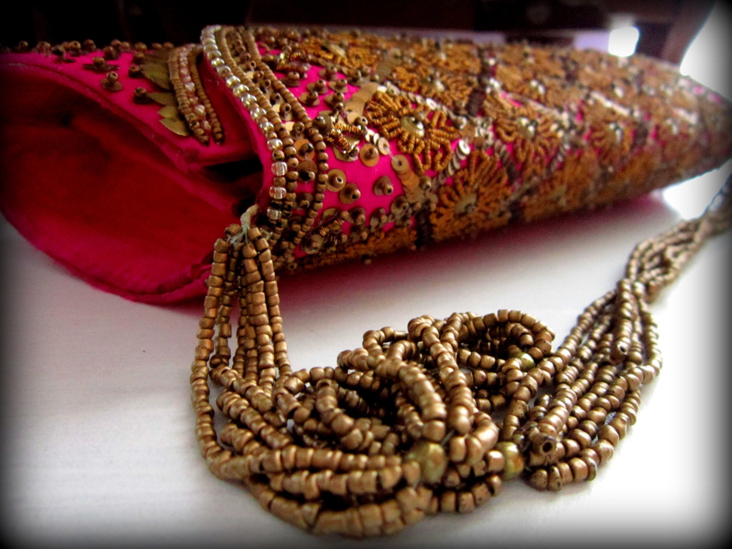 Clutch Purse Vintage Magenta Indian Gold Brass Beaded Silk Shantung Formal Wedding Hot Pink India Black  Tie Omt - shopOMT