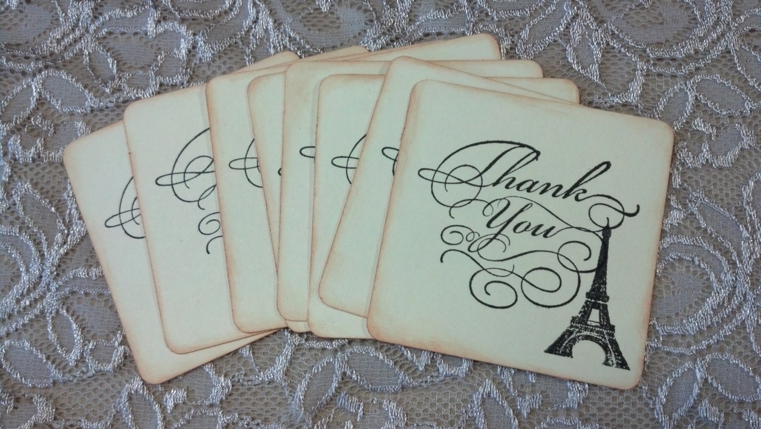 Paris Eiffel Tower Thank You's, Handmade, Papercrafts, French, Shabby Chic, Wedding, Bridal Shower, Spring, Favors, Gift Tags - Set of 8