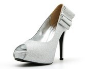 Silver Glittering High Heel Shoes. Silver High Heel Shoes. Silver Wedding Shoes. Silver Cocktail Heels.