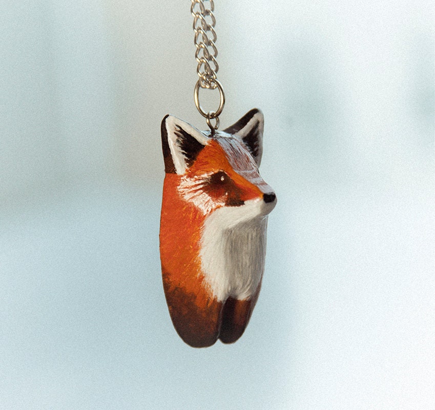 Fox Pendant Necklace Totem Animal Jewelry Handmade Polymer Clay Figurine