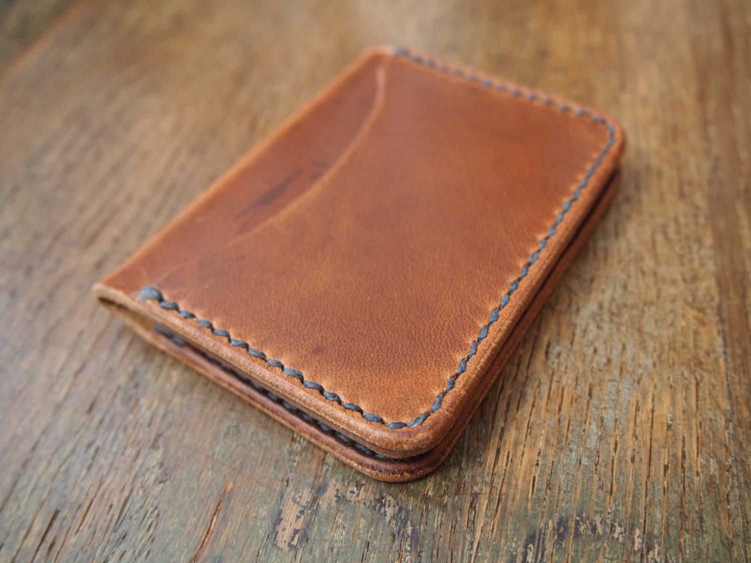 Slim Leather Card Wallet - Hand-stitched Horween Essex Bifold, cognac