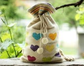 White Hand-woven Backpack With Color Hearts - Wool Backpack - Handmade Backpack - TheColorfulLoom