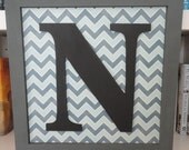 12 X 12 Wooden Gray Monogram Frame with Blue and White Chevron Print Decorative Background. Letter - N