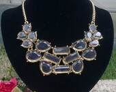 Golden Crystals Bib Statement Necklaces, Light Black Smok Chunky Necklaces, Handmade Crystals Jewelry
