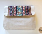 RAW JAM - Cotton Canvas Clutch - FREE Shipping, Handmade Overlap Clutch, Bag, Purse, Boho Fashion, Neutral, Trimmings, Ethnic