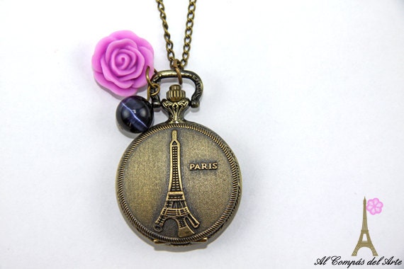 Eiffel Tower, Paris Pocket Watch French Round Locket Pendant Necklace, vintage style, with resin flower