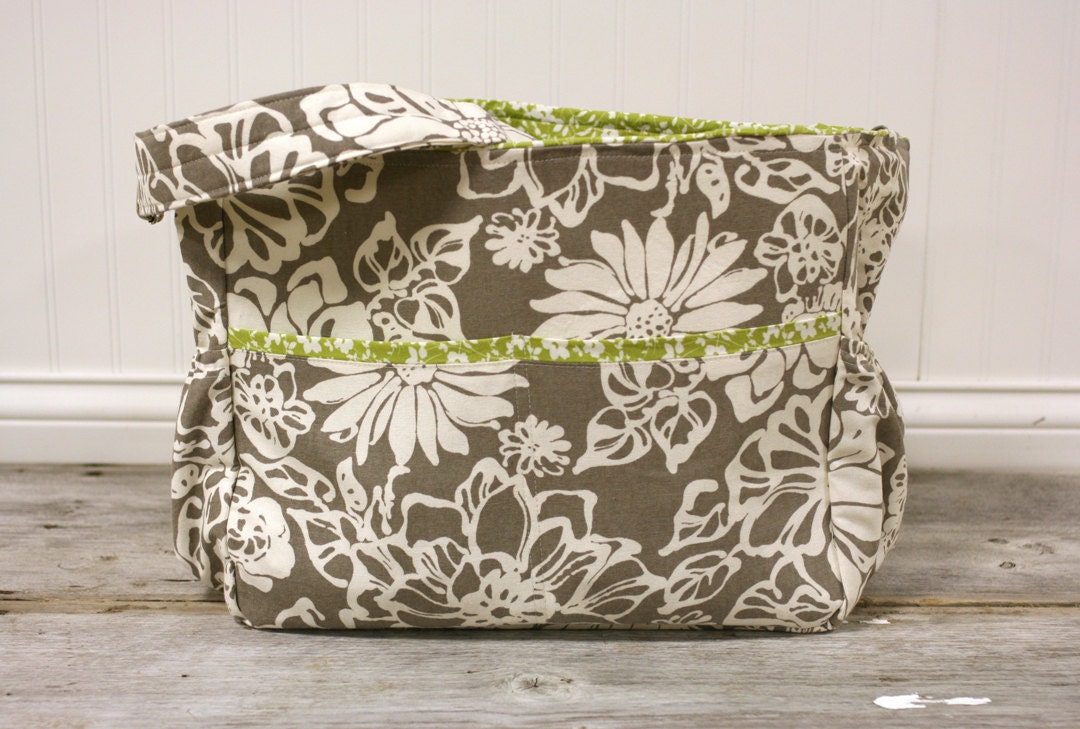 Beautiful grey white and green flowered extra large tote bag or diaper bag