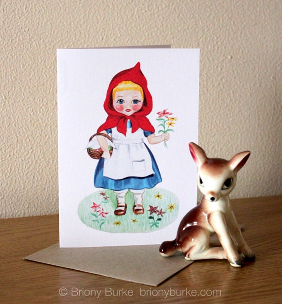Baby Girl Child Little Red Riding Hood Illustration Blank Greeting Card