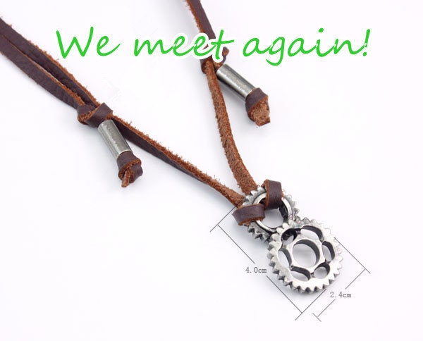 Adjustable men leather necklace in handmade, metal silver color wheel gear shape pendant for men, summer style men gift brown necklace