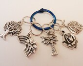 Knitting Stitch Markers, Set of 5 Nature Charm Markers, Rainbow, Tree of Life, Palm Tree, Rose, Leaf
