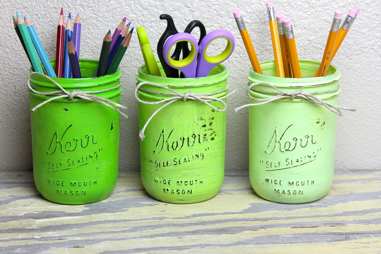 Painted glass mason jars in white, blue, pink, yellow, green, brown, and black wedding centerpiece home decor