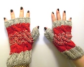 Hand Knit Elegant Cabled Super Warm and Cozy Unisex 100% Organic Wool Gloves Red & Gray Accessory