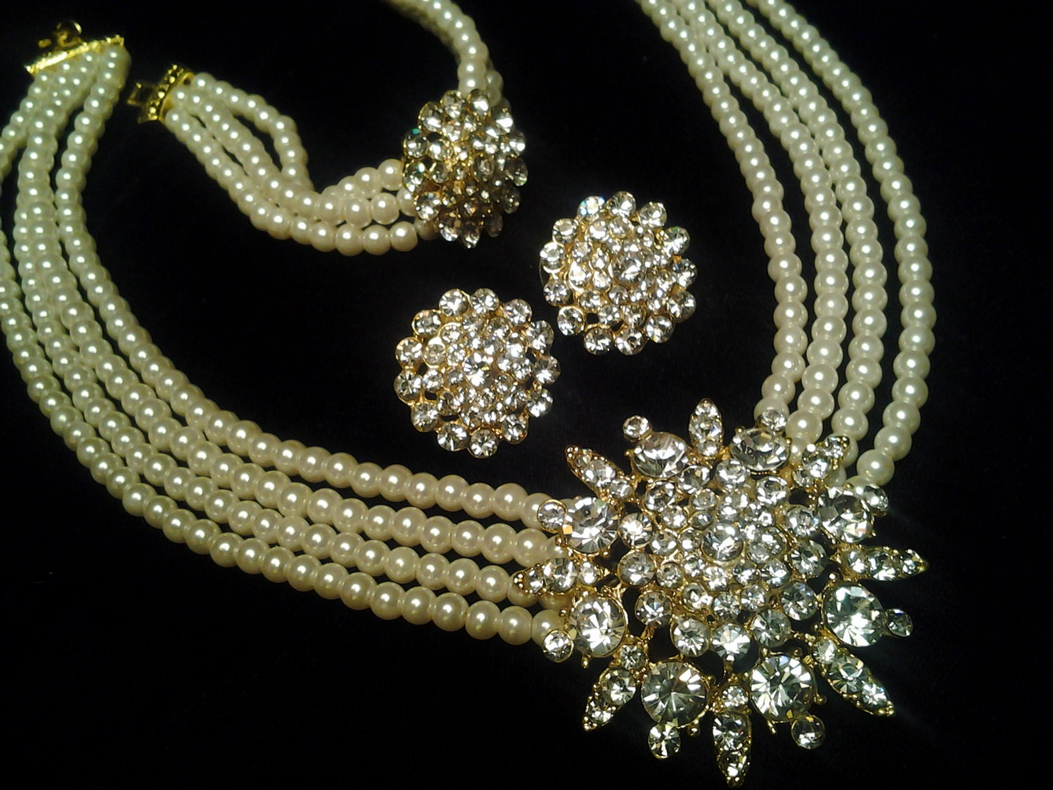 wedding bridal  jewelry pearl rhinestone crystal necklace bracelet earring set lot