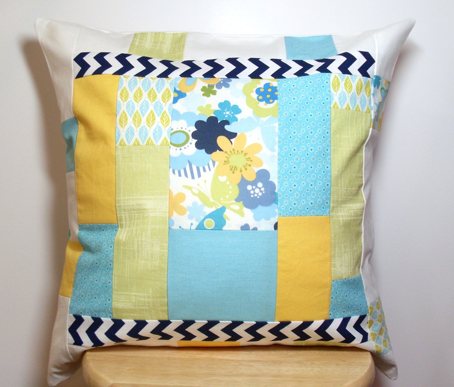 On Sale - Patchwork - Throw Pillow Cover - Blue Green Yellow Aqua  - Floral Stripe - Cushion - 18x18