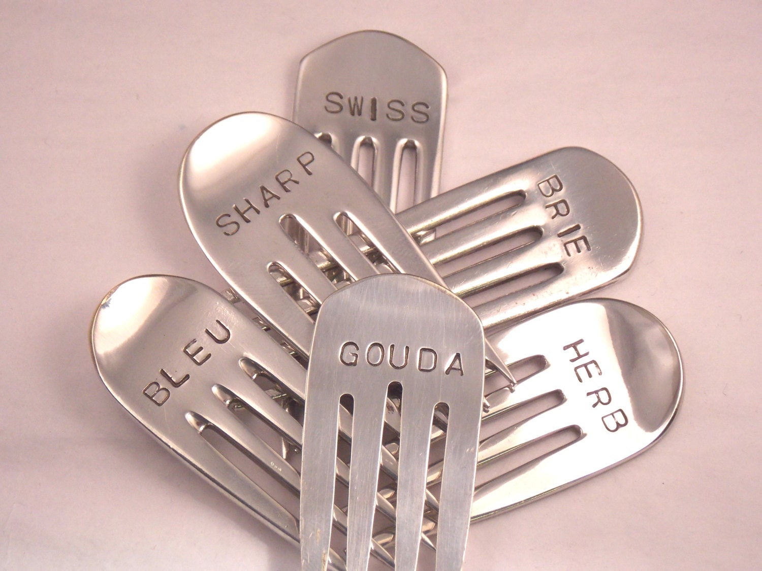 CHEESE MARKERS - 6 Pc Set, Hand Stamped Upcycled Recycled Vintage Silverplate Fork Tines, Eco Friendly, Rustic, Vineyard Styl