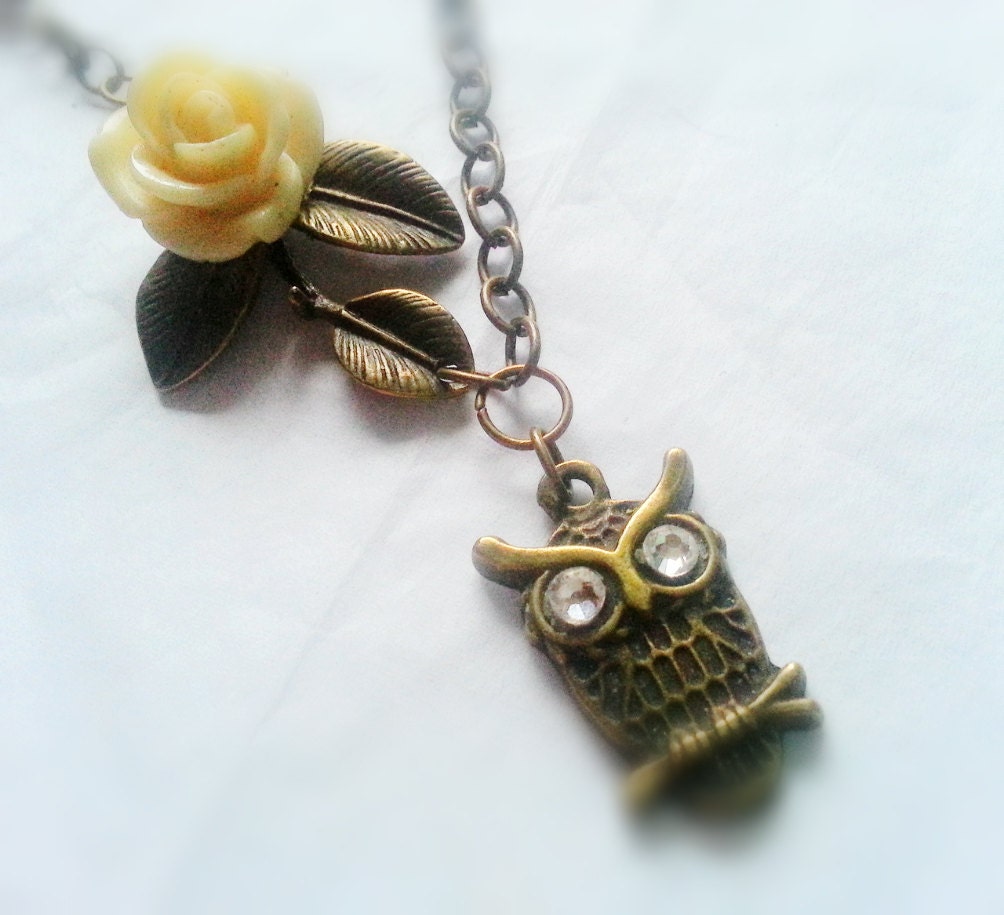 Antique Brass Owl Necklace Woodland Owl Charm Necklace Swarovski Crystal Owl Charm Brass Branch Necklace Woodland Jewelry Owl Jewelry Charm