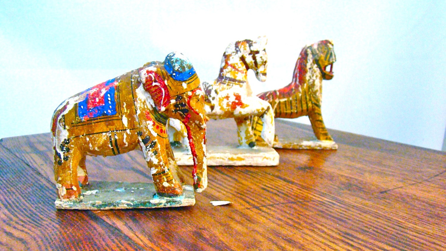 Exotic Clay Animal Folk Art. Elephant, Tiger, Horse. So Unusual. So Striking.