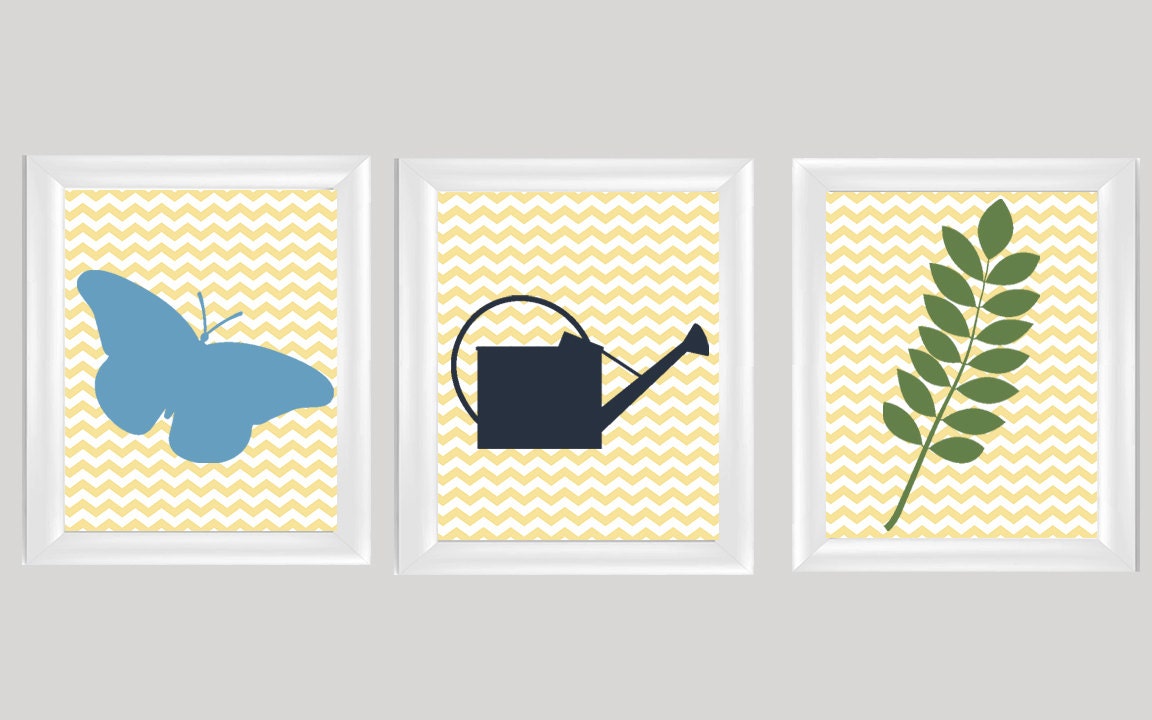 Garden Set of Three Wall Art - Chevron - Butterfly, Watering Can, Fern - 8x10