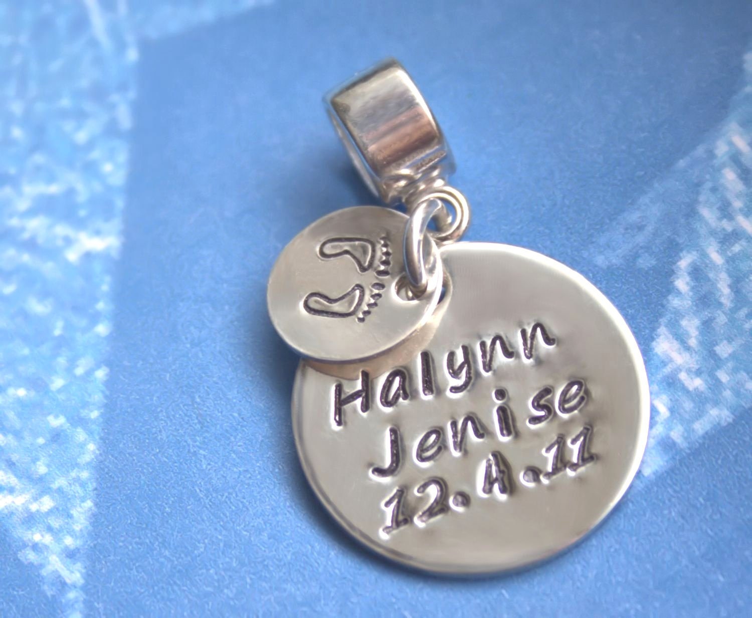 New Baby Hand Stamped Personalized European Charm Sterling Silver Fits All Brands of European Bead Bracelets Mommy Jewelry