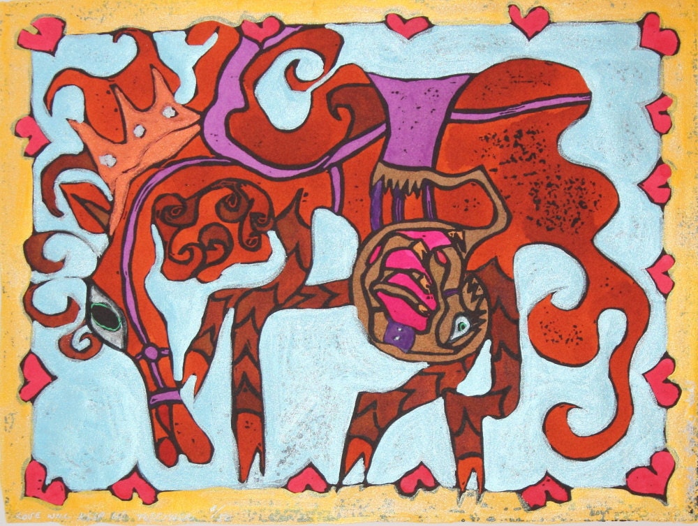 Hand-Tinted & Hand-Pulled Woodblock Print - Love Will Keep Us Together - limited edition...