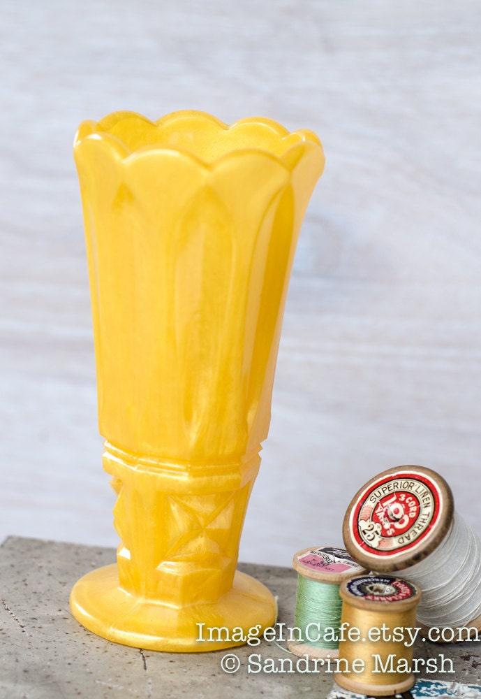 Vintage inspired resin vase. Large yellow gold cut glass style romantic. Wedding table decor.