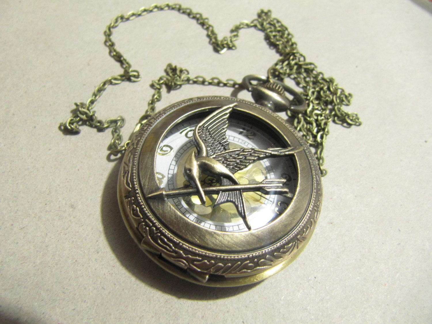 The Hunger Games Pocket Watch Necklace, Inspired Mockingjay Locket Necklace With Arrow in retro style