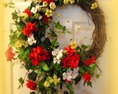 Colorful Summer Wreath-Geraniums, Greenery - 30" -NEW