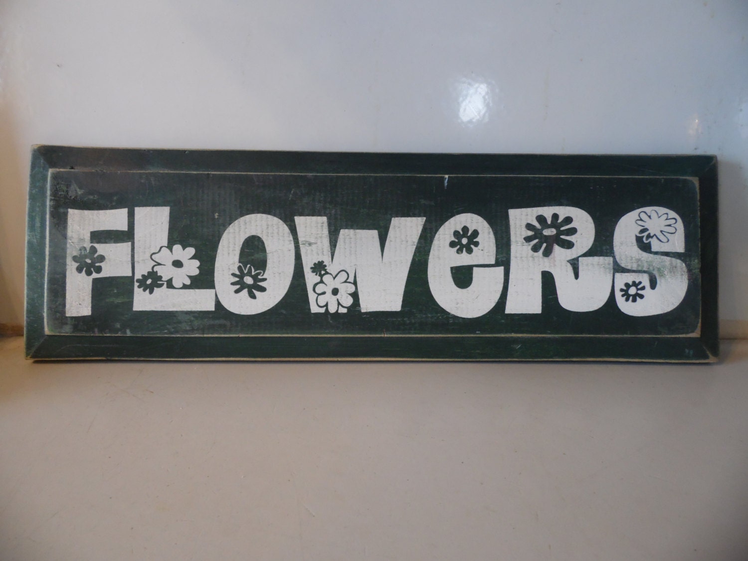 DISTRESSED green wooden sign / FLOWERS