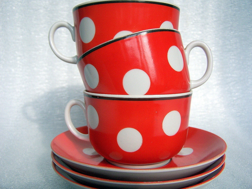 Vintage Soviet Porcelain Tea Cups. Set of 3 Orange Red Polka Dot Cups with Saucers. Kitchen, Home Decor