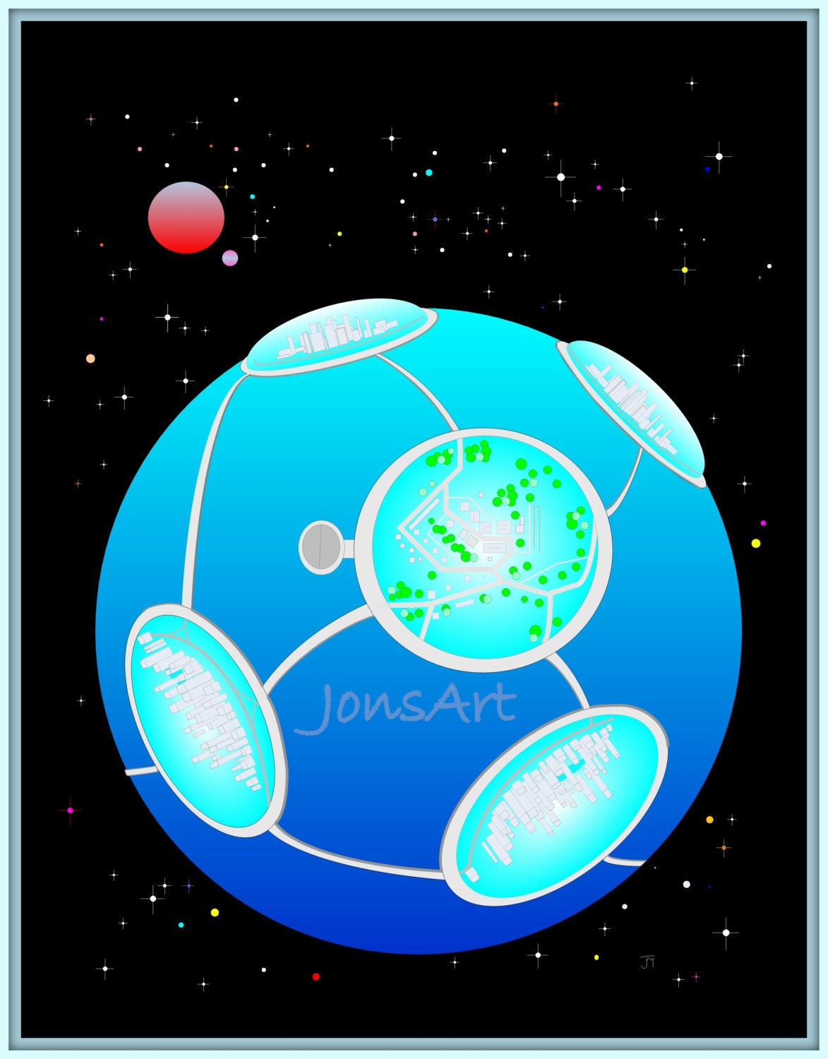 Wall Art Print, Illustration, Modern Art, Mixed Media, Digital Art, Children, Family, Bedroom, Home Decor, Space, Domed Planet, 8 x 10 Print