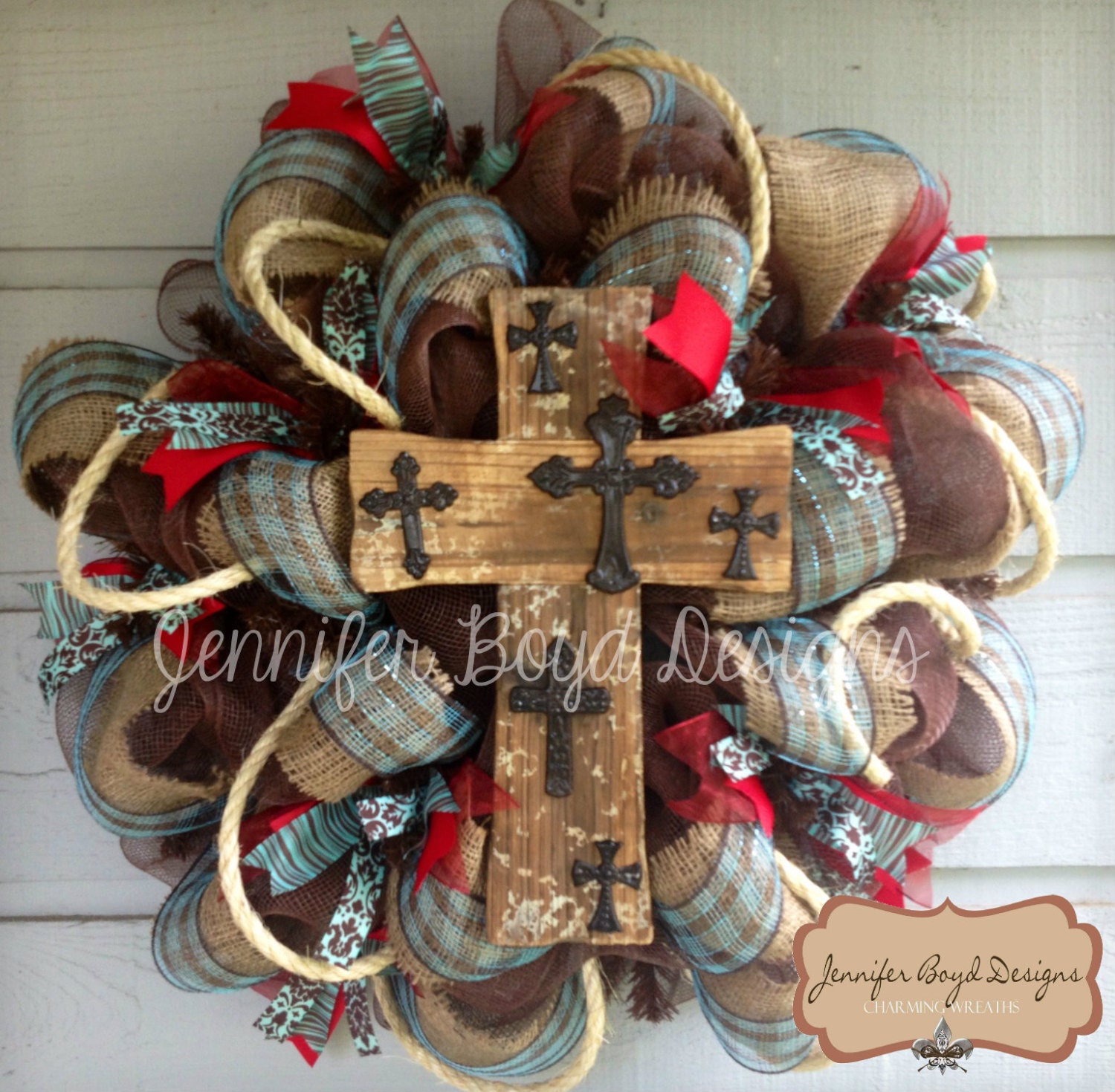 Western Rustic Red, Turquoise, and Burlap Cross Deco Mesh Wreath with Rope