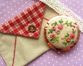 Hand Embroidered Compact Mirror Red Rose with hand embroidery great gift Rose Garden