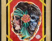 Traditional Tattoo Flash Watercolor Gypsy and Grim Reaper
