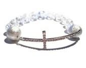 Sideway Cross Bracelet, Silver tone, Beaded Jewellery, Christian Jewelry, Pave Bracelets, Celebrity Inspired