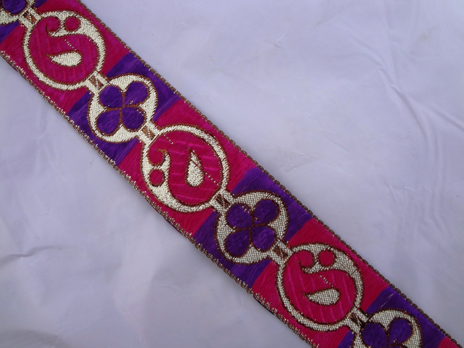 Hot Pink  And Purple Paisley Pattern Brocade Border, Trim, Embellishment, Ribbon Sewing 1 Yard India
