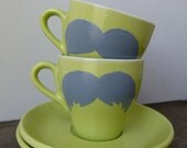 SUMMER SALE - Mustache Mugs, Set of Two Mugs, Apple Green Mustache Mugs, Cafe Cups & Saucers, Coffee Mugs, Father's Day Gift, Groomsmen Gift